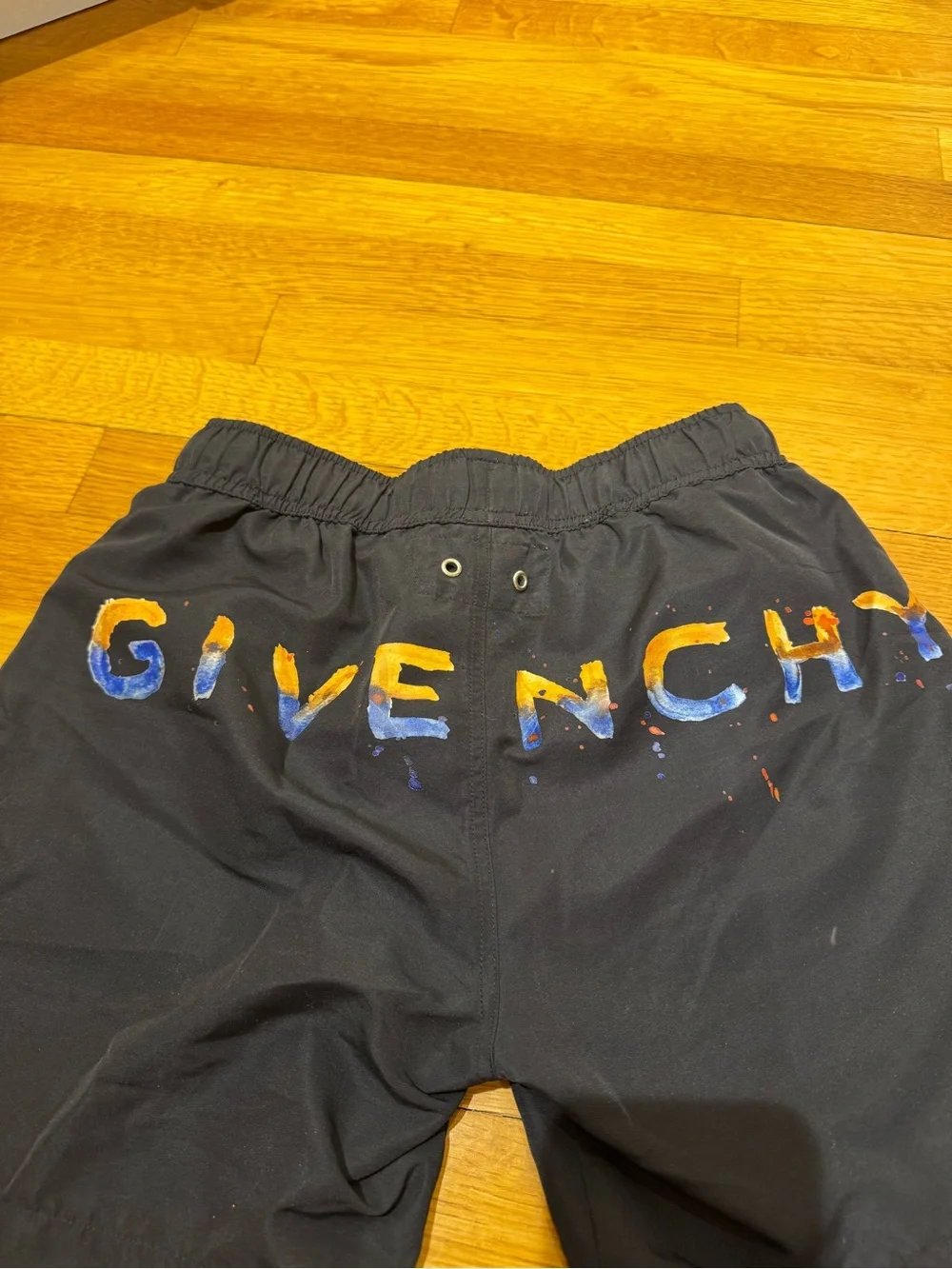Givenchy Boys Black swim Shorts with Multicolor Paint Logo white tshirt size 12